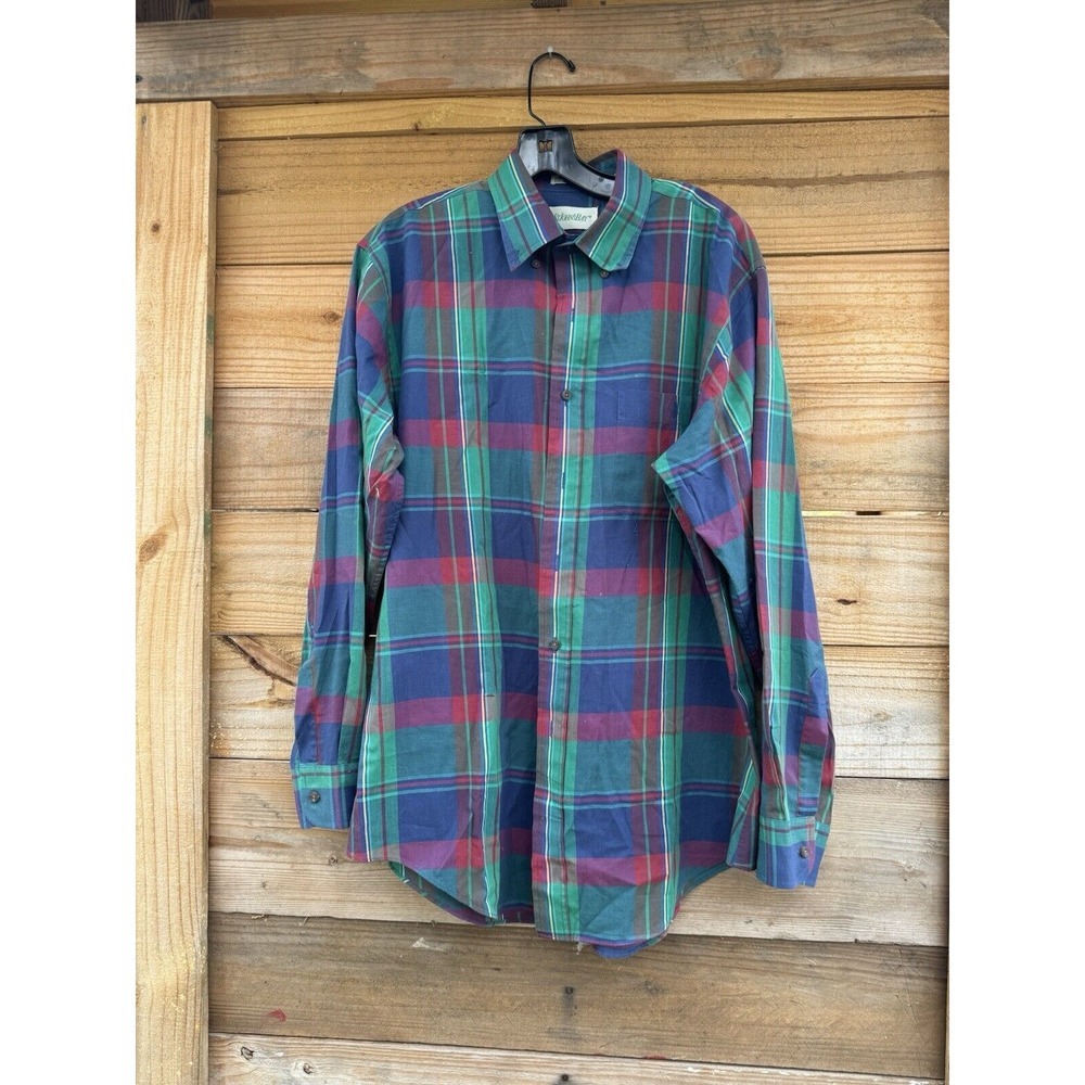 Vintage St. John's Bay Blue Green Button Down Size LS Large Tall 16-16.5 Neck